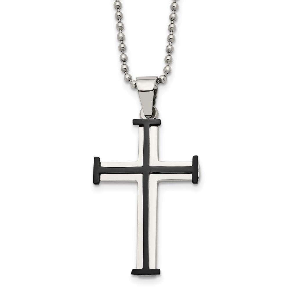 Chisel Stainless Steel Polished Black IP-plated Cross Pendant on a 22 inch Ball Chain Necklace, 22 x 25.08 mm