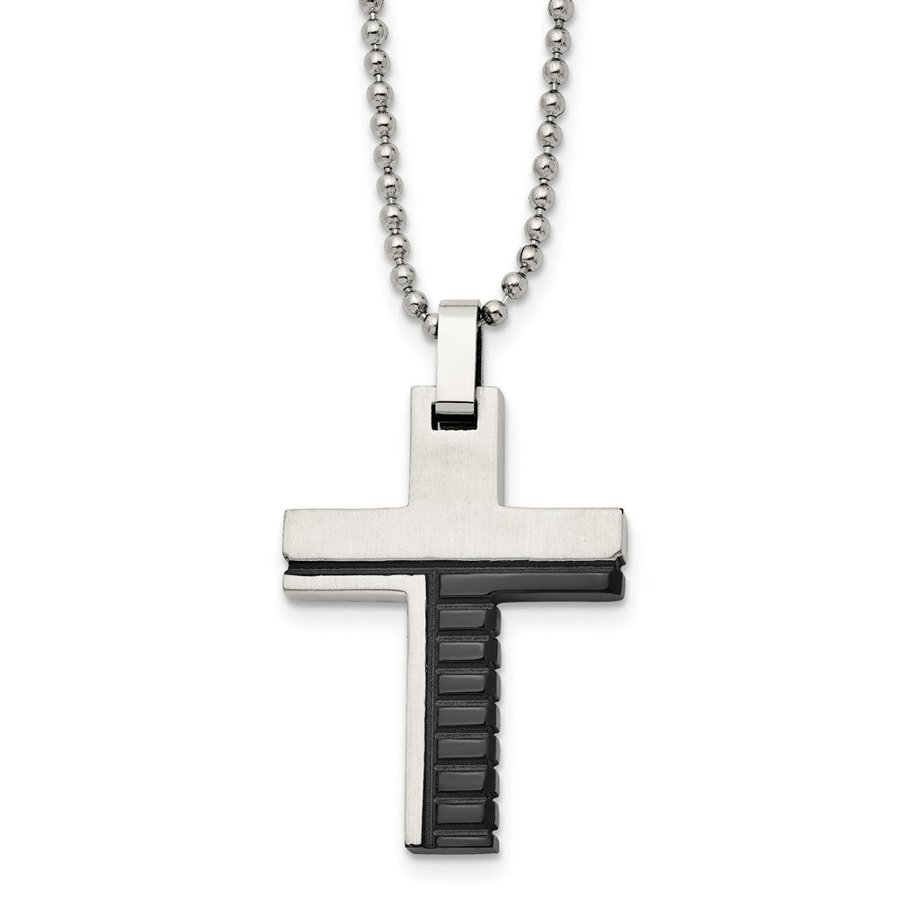 Stainless Steel Brushed and Polished Black IP-plated Cross 22in Necklace, 22 x 25.84 mm