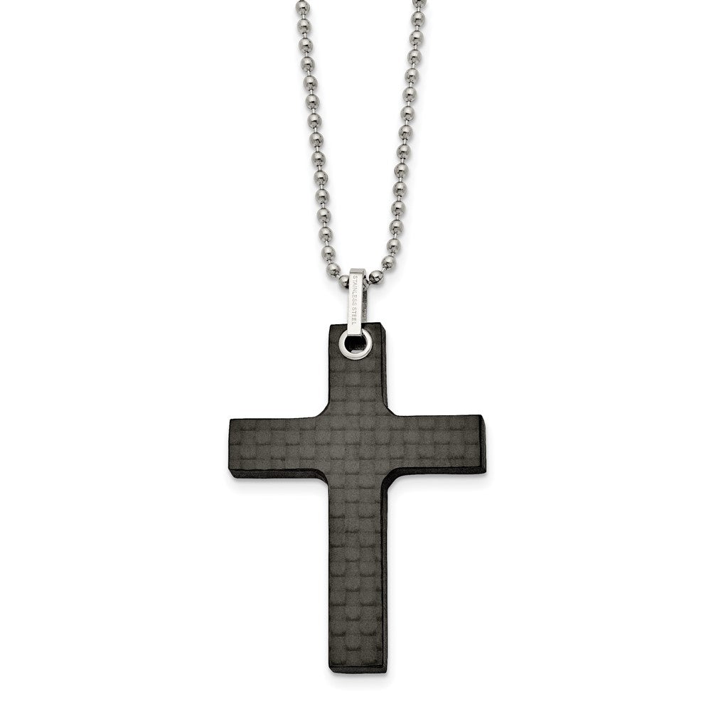Stainless Steel Polished Solid Black Carbon Fiber Cross 22in Necklace, 22 x 34.4 mm