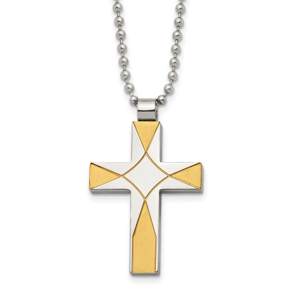 Chisel Stainless Steel Brushed and Polished Yellow IP-plated Cross Pendant on a 22 inch Ball Chain Necklace, 22 x 26.39 mm