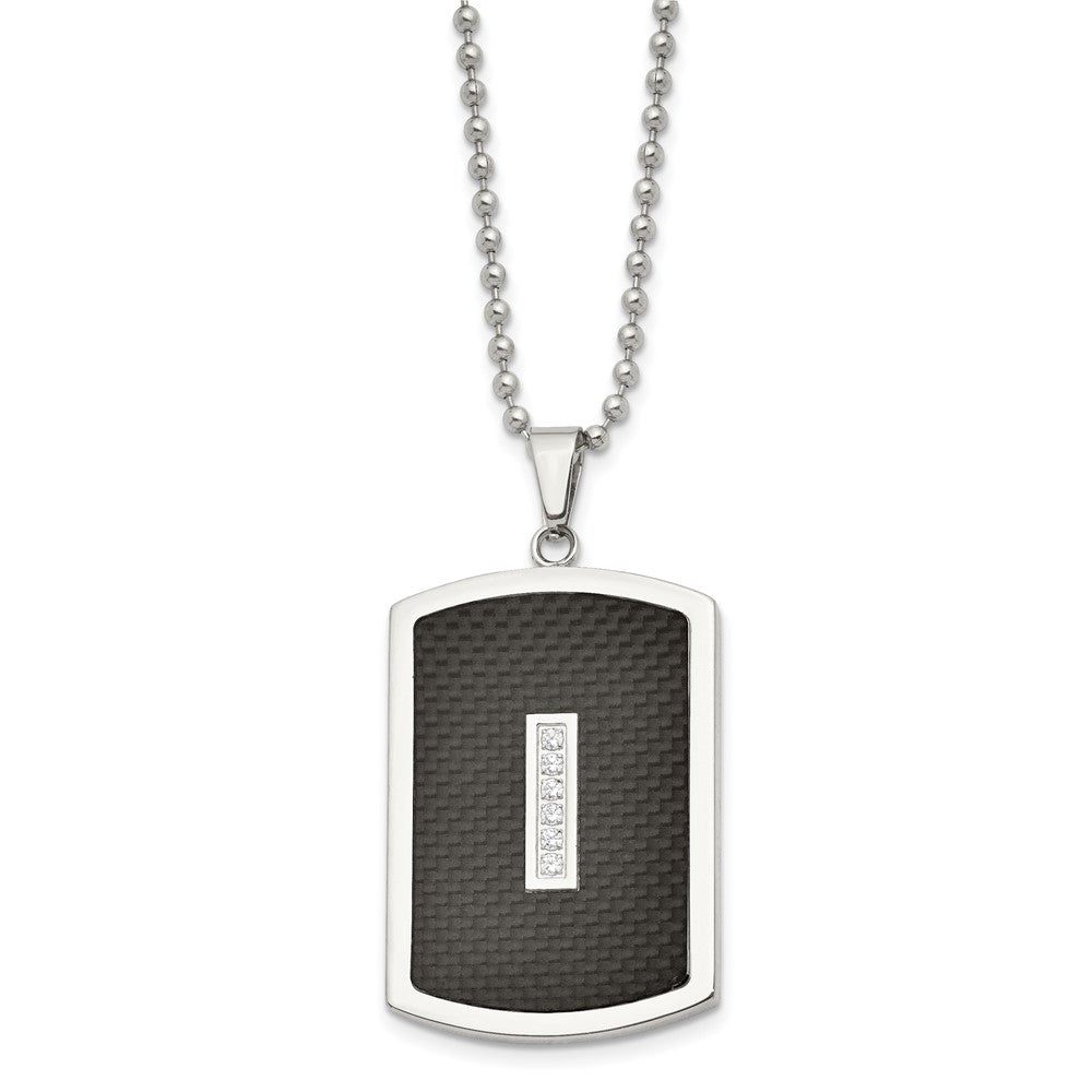 Stainless Steel 22in Polished w/CZ & Black Carbon Fiber Inlay Necklace, 22 x 29.92 mm