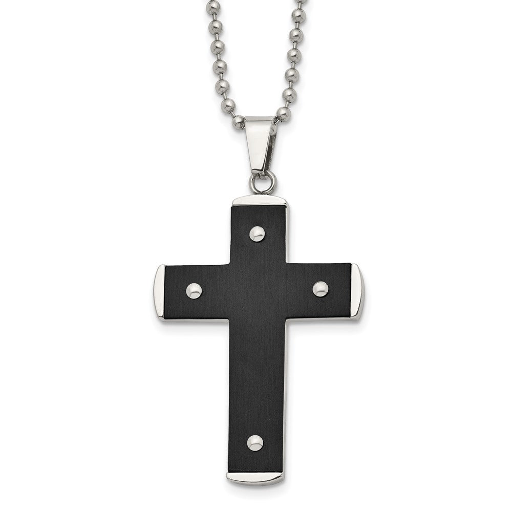 Stainless Steel Brushed and Polished Black IP-plated Cross 22in Necklace, 22 x 32.82 mm