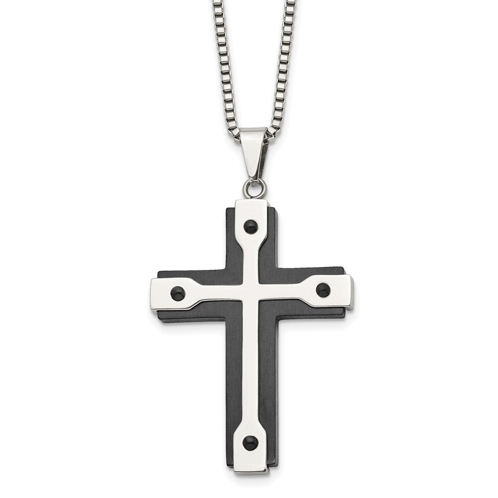 Chisel Stainless Steel Brushed and Polished Black IP-plated Cross Pendant on a 22 inch Box Chain Necklace, 22 x 35.39 mm