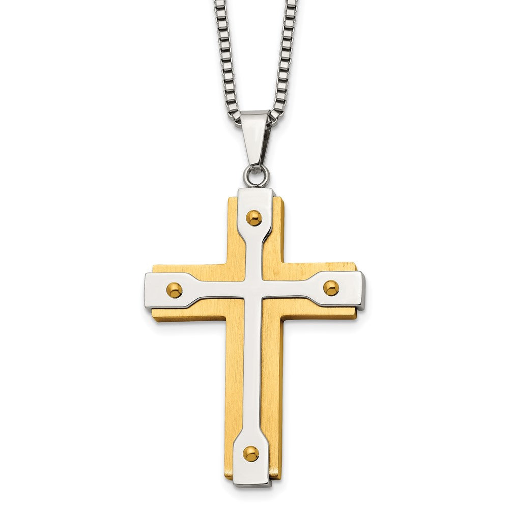 Chisel Stainless Steel Brushed and Polished Yellow IP-plated Cross Pendant on a 22 inch Box Chain Necklace, 22 x 35.36 mm
