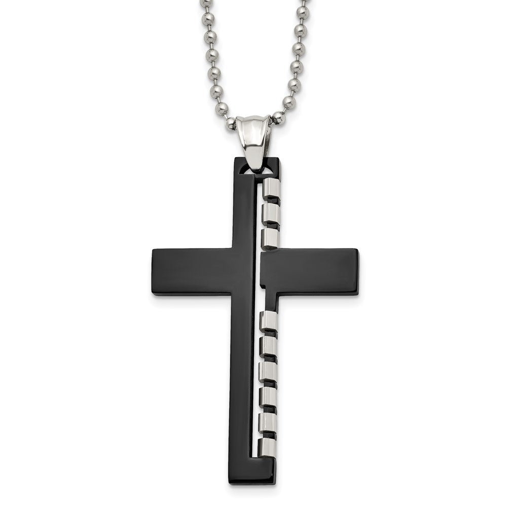 Chisel Stainless Steel Polished Black IP-plated Cut out Cross Pendant on a 22 inch Ball Chain Necklace, 22 x 35.6 mm