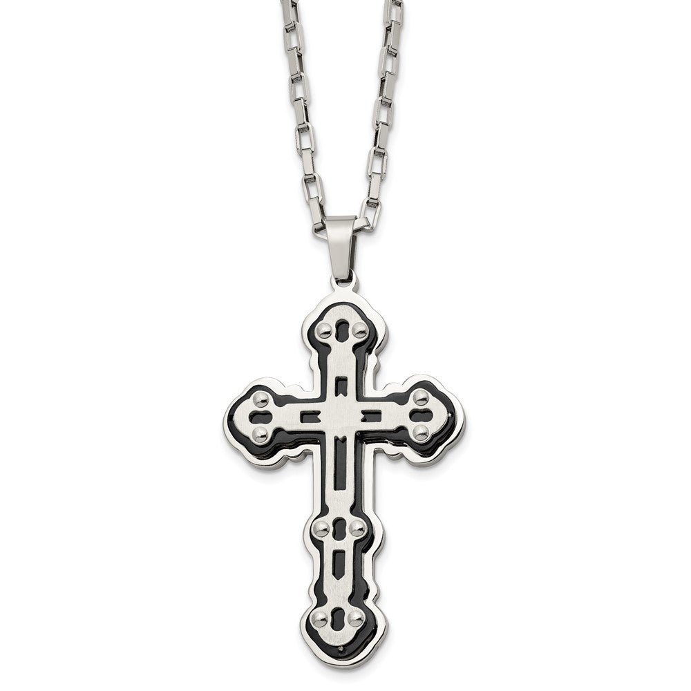 Stainless Steel Brushed and Polished Black IP-plated Cross 24in Necklace, 24 x 38.06 mm