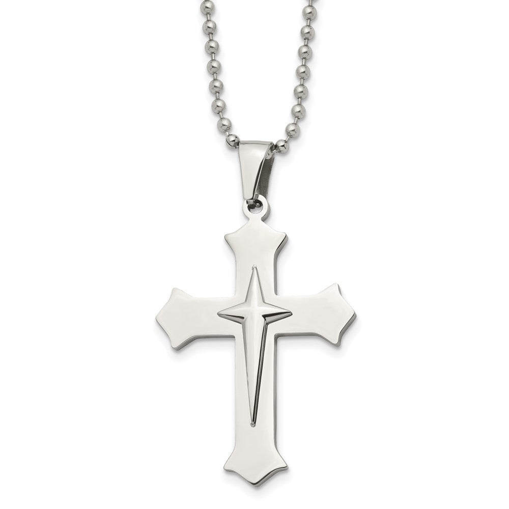Chisel Stainless Steel Polished Cross Pendant on a 24 inch Ball Chain Necklace, 24 x 31.89 mm