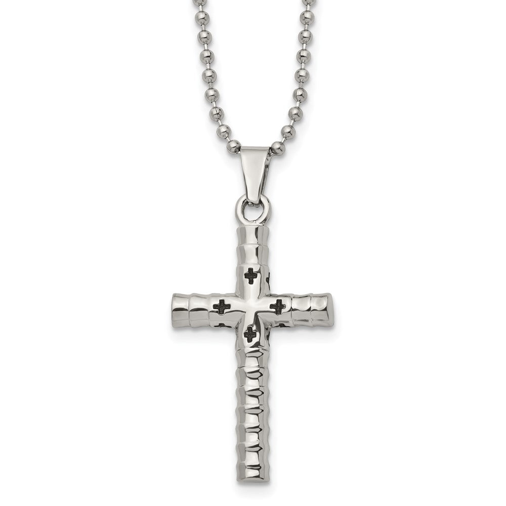 Stainless Steel Polished and Textured with Black Enamel Cross 24 Inch Necklace, 24 x 21.37 mm