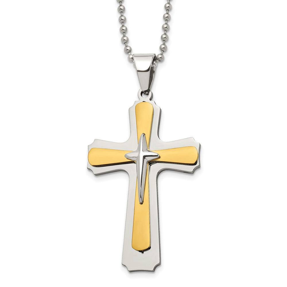 Chisel Stainless Steel Polished Yellow IP-plated Cross Pendant on a 22 inch Ball Chain Necklace, 22 x 34.9 mm