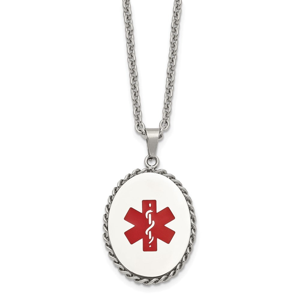 Chisel Stainless Steel Polished with Red Enamel Oval Medical ID Pendant on a 20 inch Cable Chain Necklace, 20 x 34.67 mm