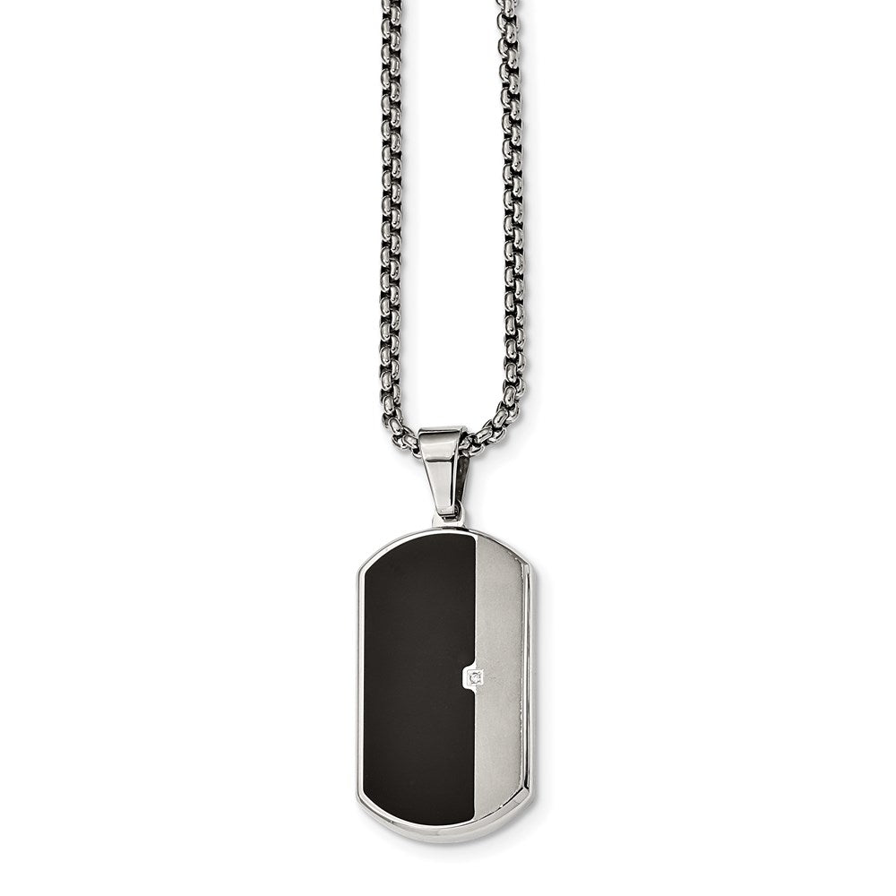 Stainless Steel Brushed and Polished w/Enamel and CZ Dog Tag Necklace, 22 x 18.86 mm