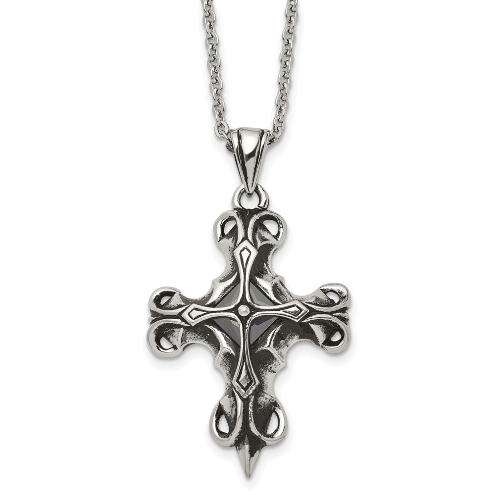 Stainless Steel Antiqued and Polished w/Black Glass Cross 22in Necklace, 22 x 28.81 mm