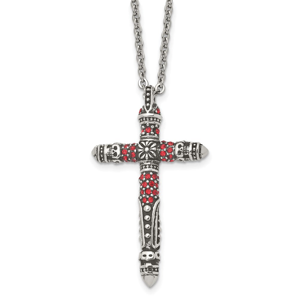 Stainless Steel Antiqued and Polished w/Red Crystal Cross 22in Necklace, 22 x 28.23 mm