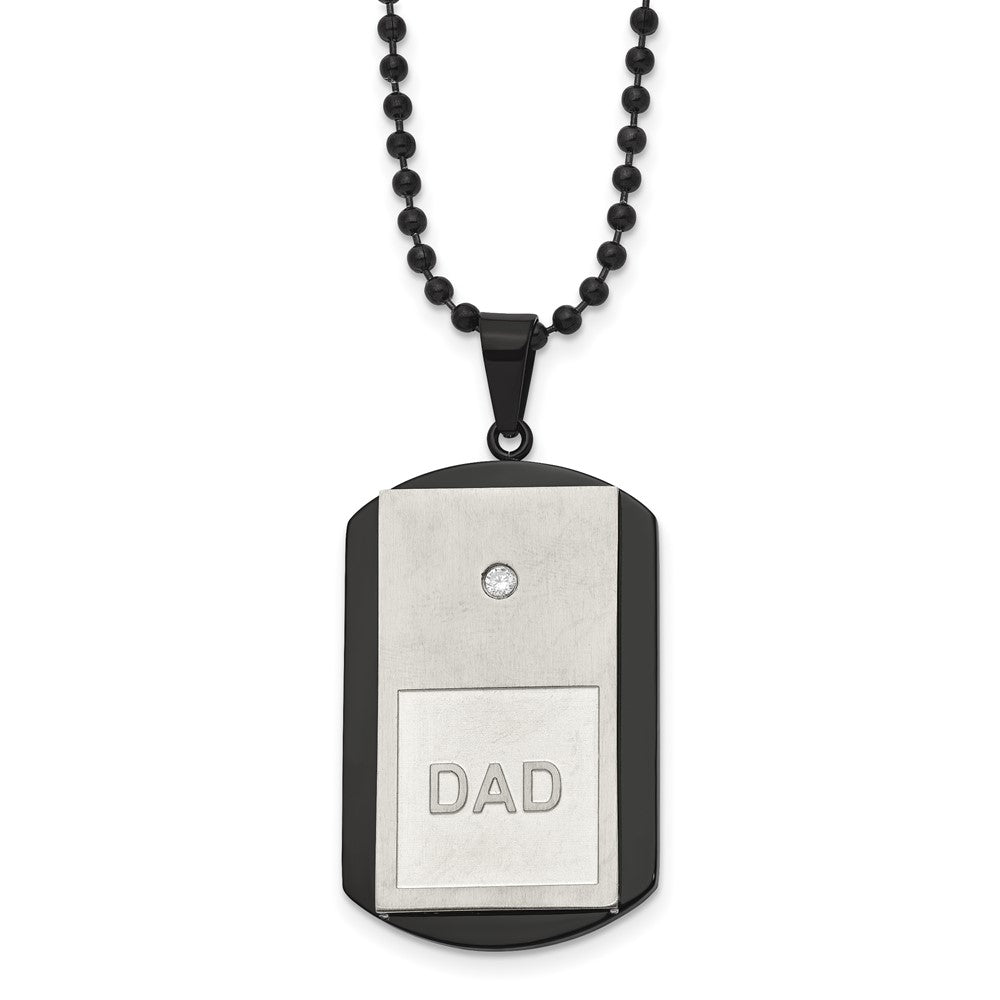 Chisel Stainless Steel Brushed and Polished Black IP-plated with CZ DAD Dog Tag on a 22 inch Ball Chain Necklace, 22 x 25.81 mm