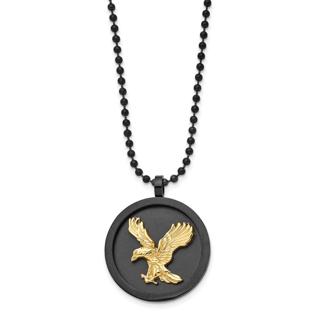 Chisel Stainless Steel Brushed and Polished Black and Yellow IP-plated Eagle Disk on a 24 inch Ball Chain Necklace, 24 x 31.79 mm