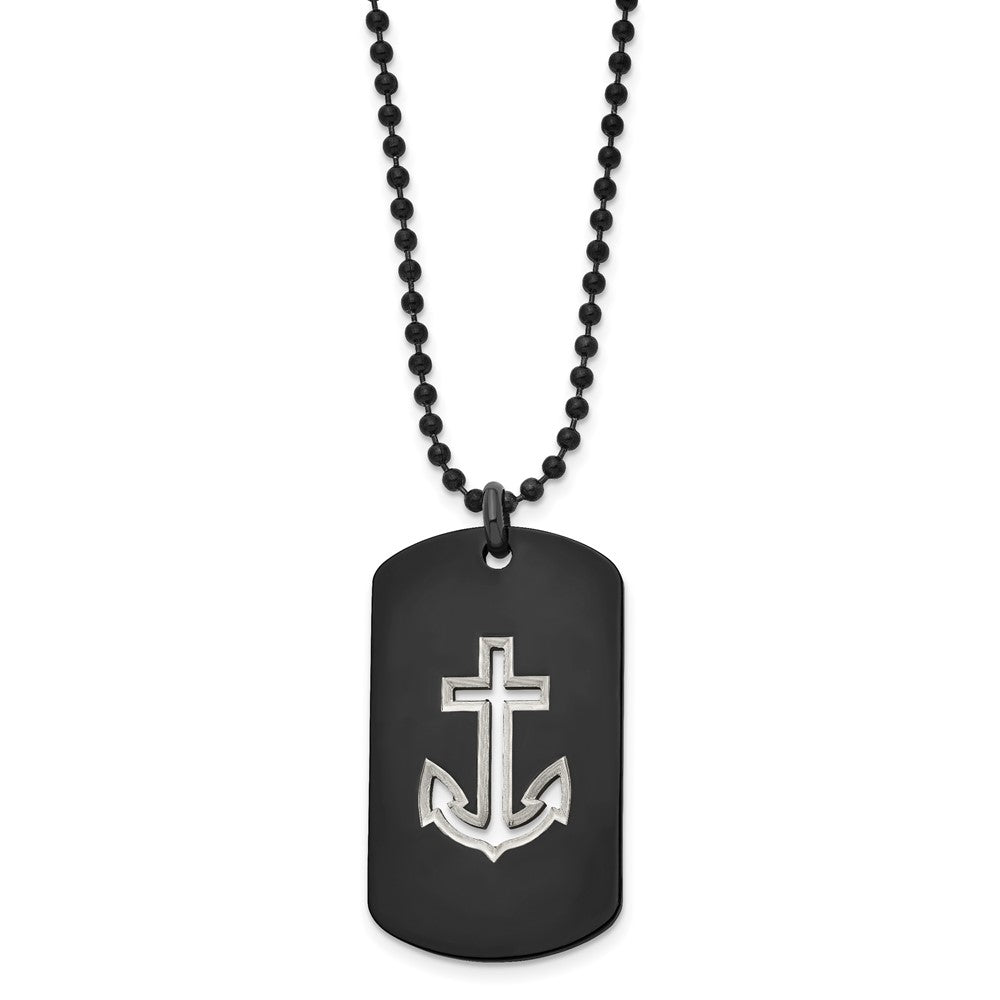 Chisel Stainless Steel Polished Black IP-plated Anchor Dog Tag on a 22 inch Ball Chain Necklace, 22 x 25.9 mm