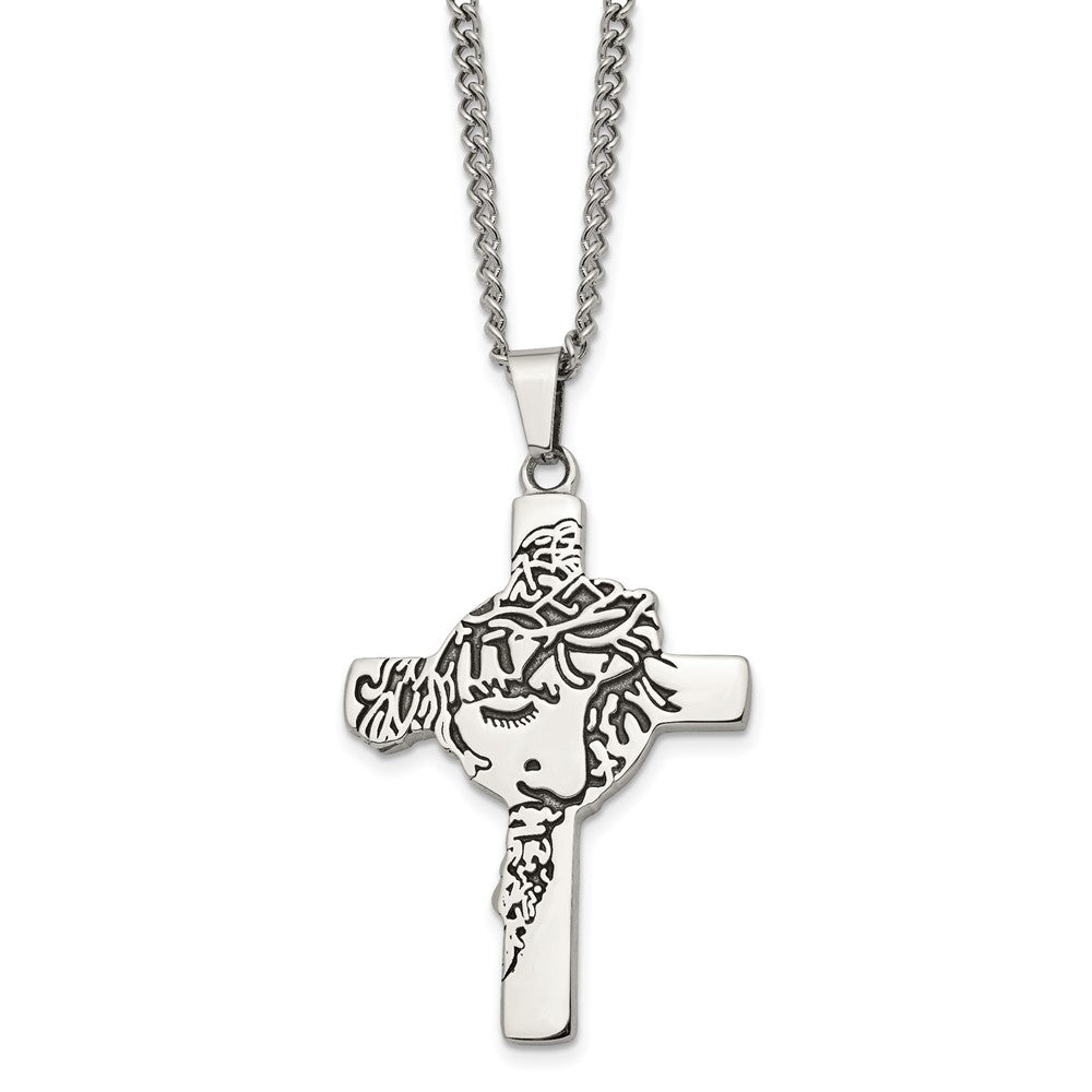 Chisel Stainless Steel Antiqued and Polished Jesus Face Cross Pendant on a 24 inch Curb Chain Necklace, 24 x 36.54 mm