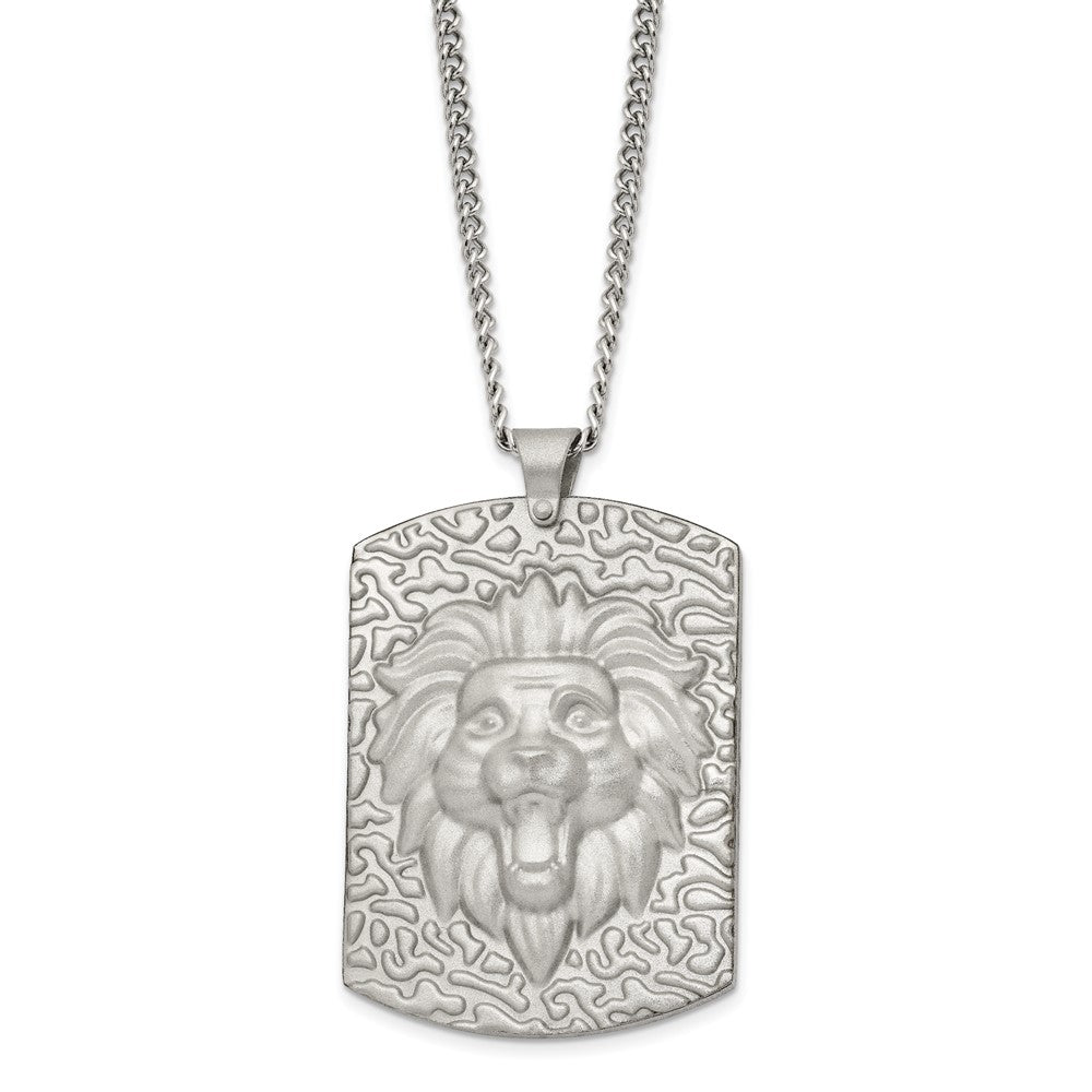 Stainless Steel Matte Finish Lion Head Large Dog Tag 24 inch Necklace, 24 x 38.41 mm