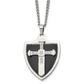 Chisel Stainless Steel Polished Black IP-plated with CZ Cross Shield Pendant on a 24 inch Curb Chain Necklace, 24 x 28.88 mm