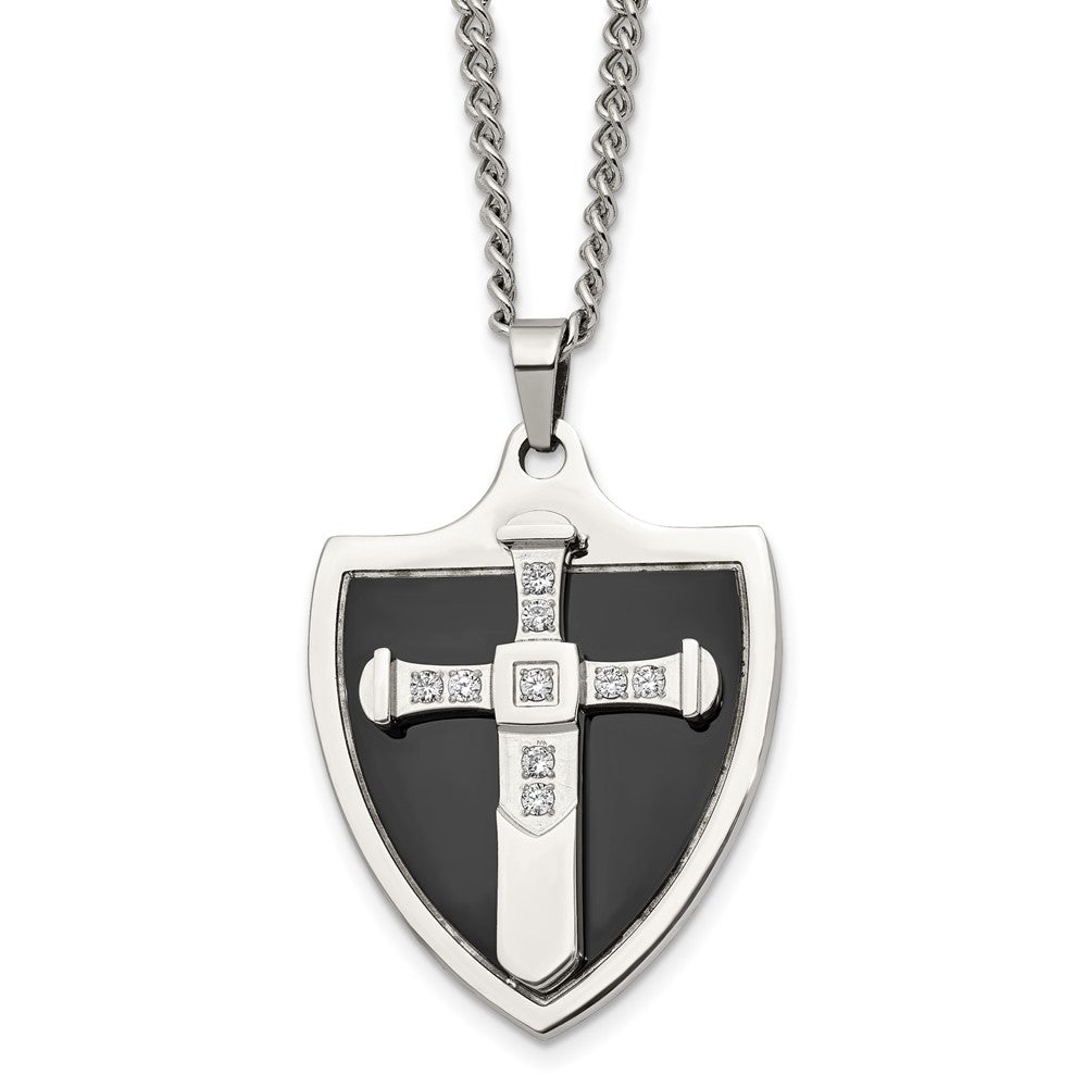 Chisel Stainless Steel Polished Black IP-plated with CZ Cross Shield Pendant on a 24 inch Curb Chain Necklace, 24 x 28.88 mm