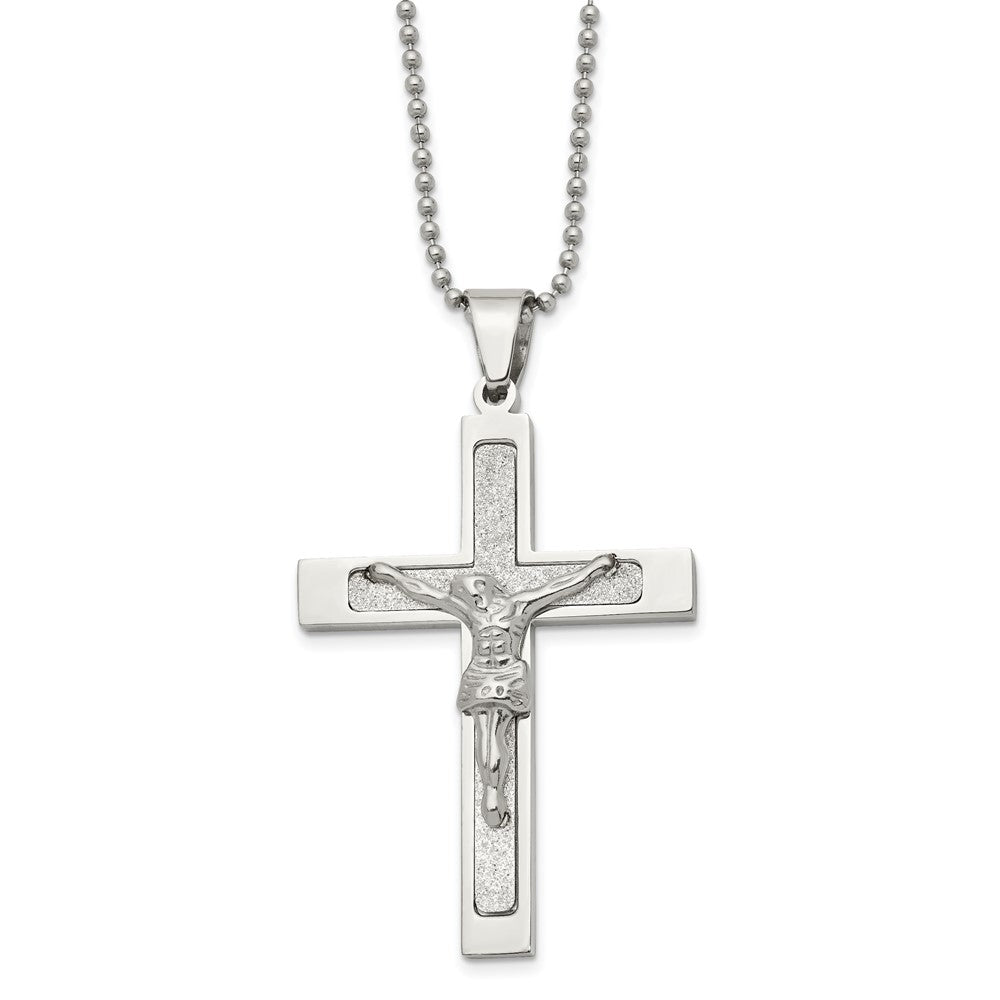 Chisel Stainless Steel Polished Laser Cut Crucifix Pendant on a 22 inch Ball Chain Necklace, 22 x 38.54 mm