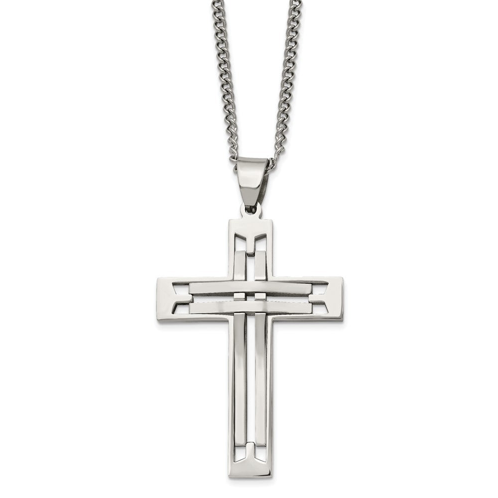 Chisel Stainless Steel Polished Cross Pendant on a 24 inch Curb Chain Necklace, 24 x 41.64 mm