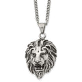 Chisel Stainless Steel Antiqued and Polished Small Lion Head Pendant on a 24 inch Curb Chain Necklace, 24 x 28.37 mm