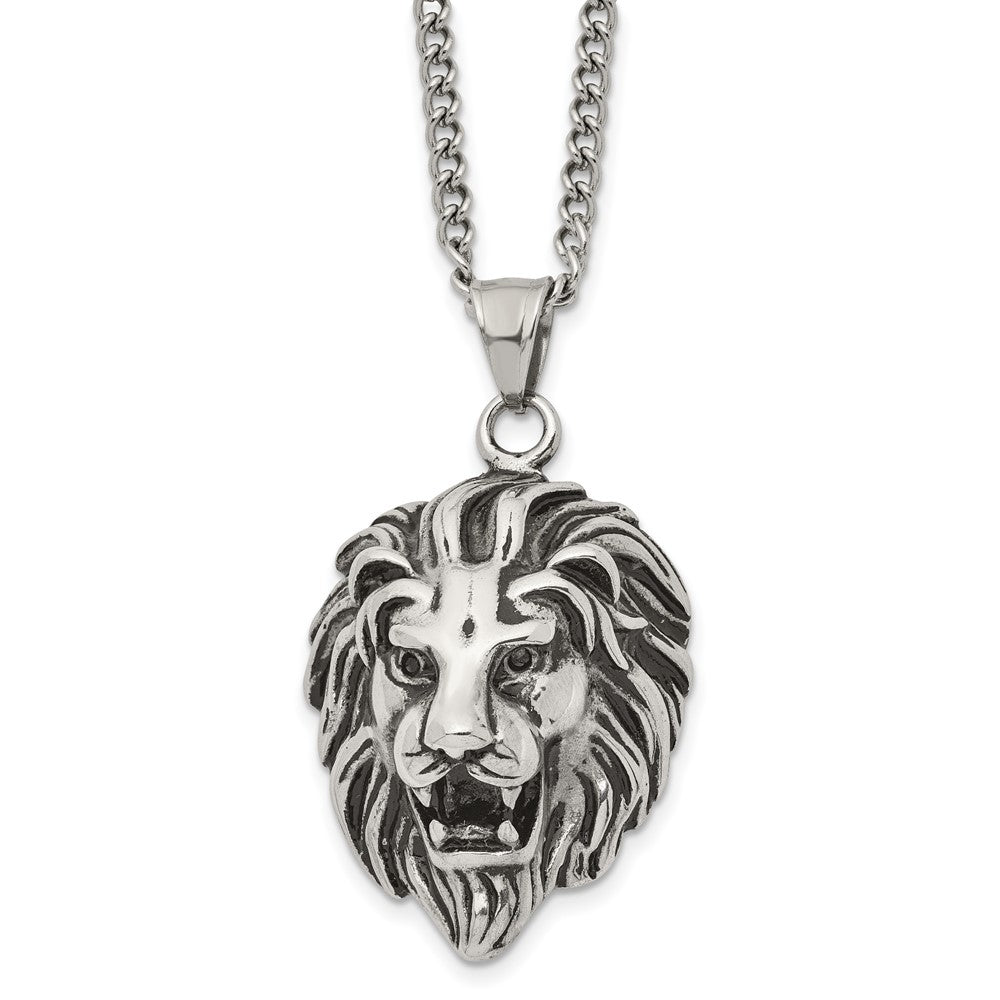 Chisel Stainless Steel Antiqued and Polished Small Lion Head Pendant on a 24 inch Curb Chain Necklace, 24 x 28.37 mm