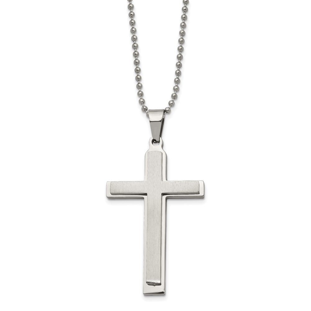 Chisel Stainless Steel Brushed and Polished Layered Cross Pendant on a 22 inch Ball Chain Necklace, 22 x 31.31 mm
