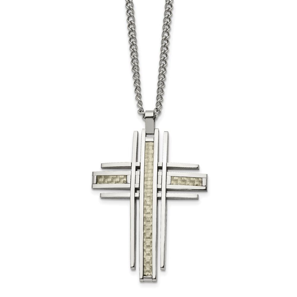 Chisel Stainless Steel Polished with Grey Carbon Fiber Inlay Cross Pendant on a 24 inch Curb Chain Necklace, 24 x 36.8 mm