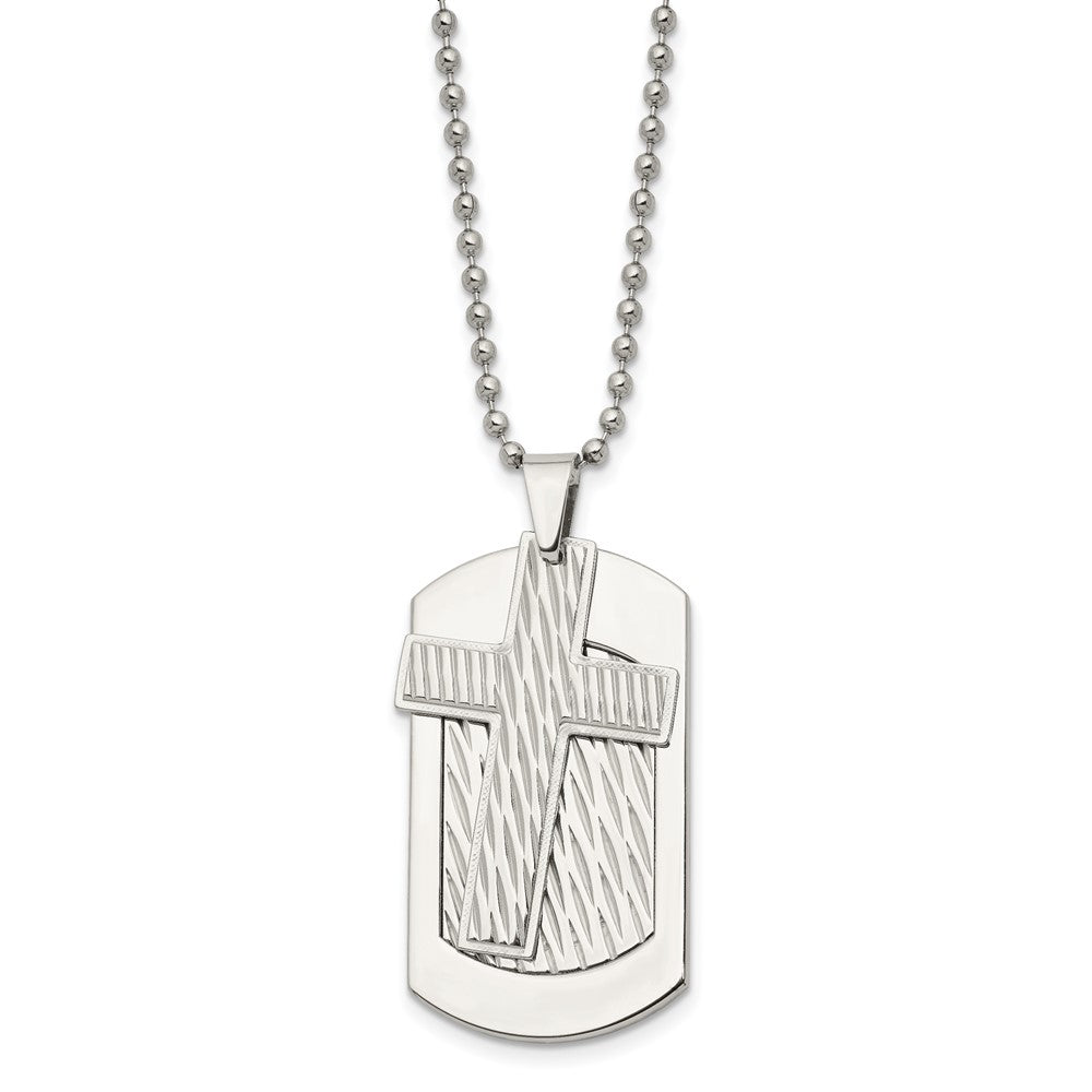 Chisel Stainless Steel Polished and Textured 2 Piece Cross Dog Tag on a 24 inch Ball Chain Necklace, 24 x 25.05 mm
