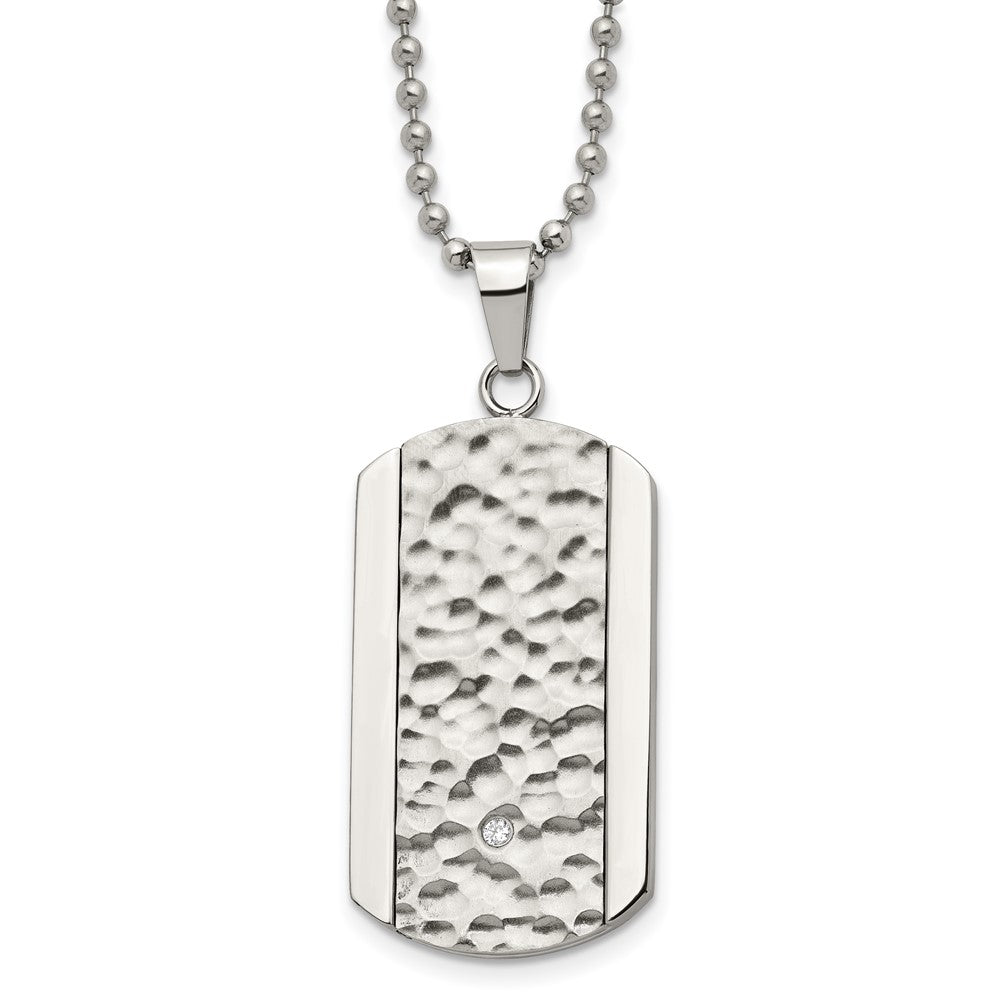 Chisel Stainless Steel Polished and Hammered with CZ Dog Tag on a 22 inch Ball Chain Necklace, 22 x 21.91 mm