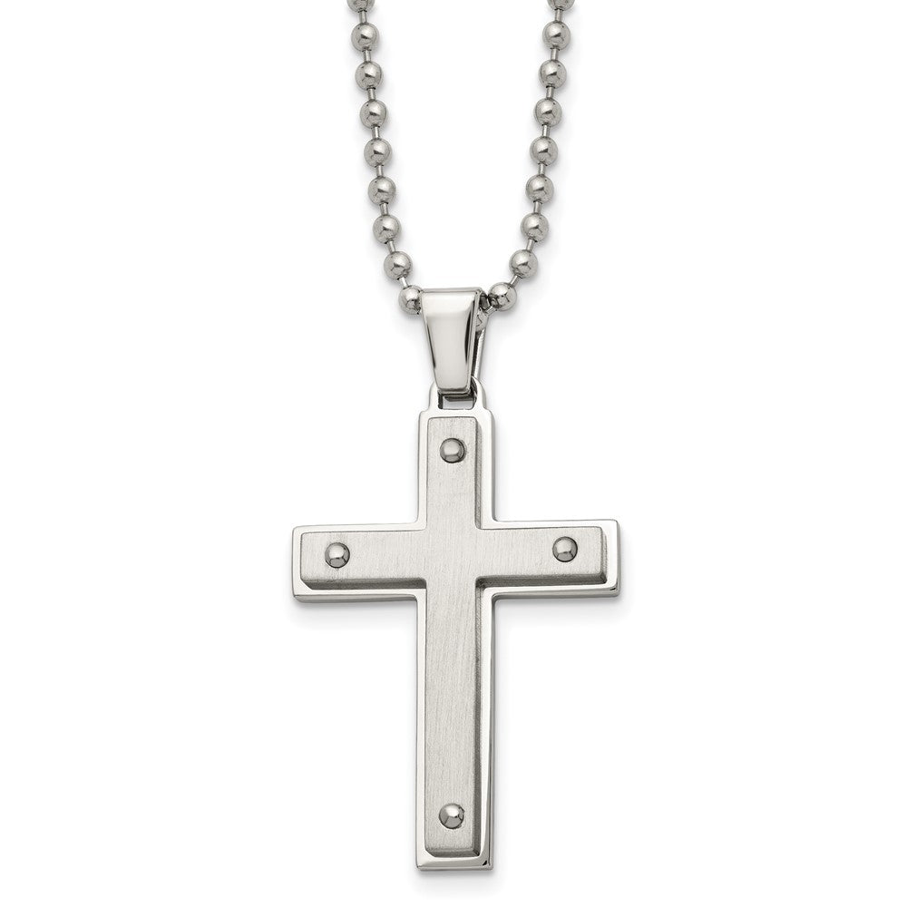 Chisel Stainless Steel Brushed and Polished Cross Pendant on a 22 inch Ball Chain Necklace, 22 x 27 mm