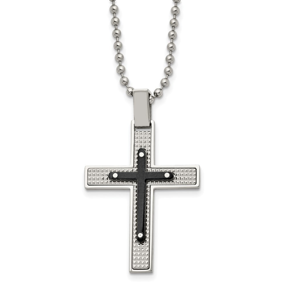 Stainless Steel Polished and Textured Black IP-plated Cross 22in Necklace, 22 x 30.25 mm