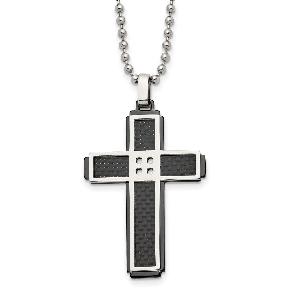 Stainless Steel Polished Black IP-plated Solid Carbon Fiber Cross Necklace, 22 x 31.61 mm