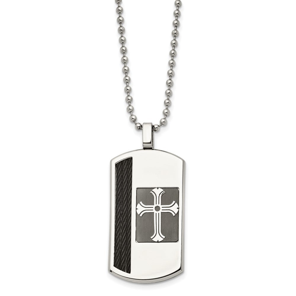 Chisel Stainless Steel Brushed and Polished Black IP-plated Cable Inlay Cross Dog Tag on a 22 inch Ball Chain Necklace, 22 x 24.71 mm