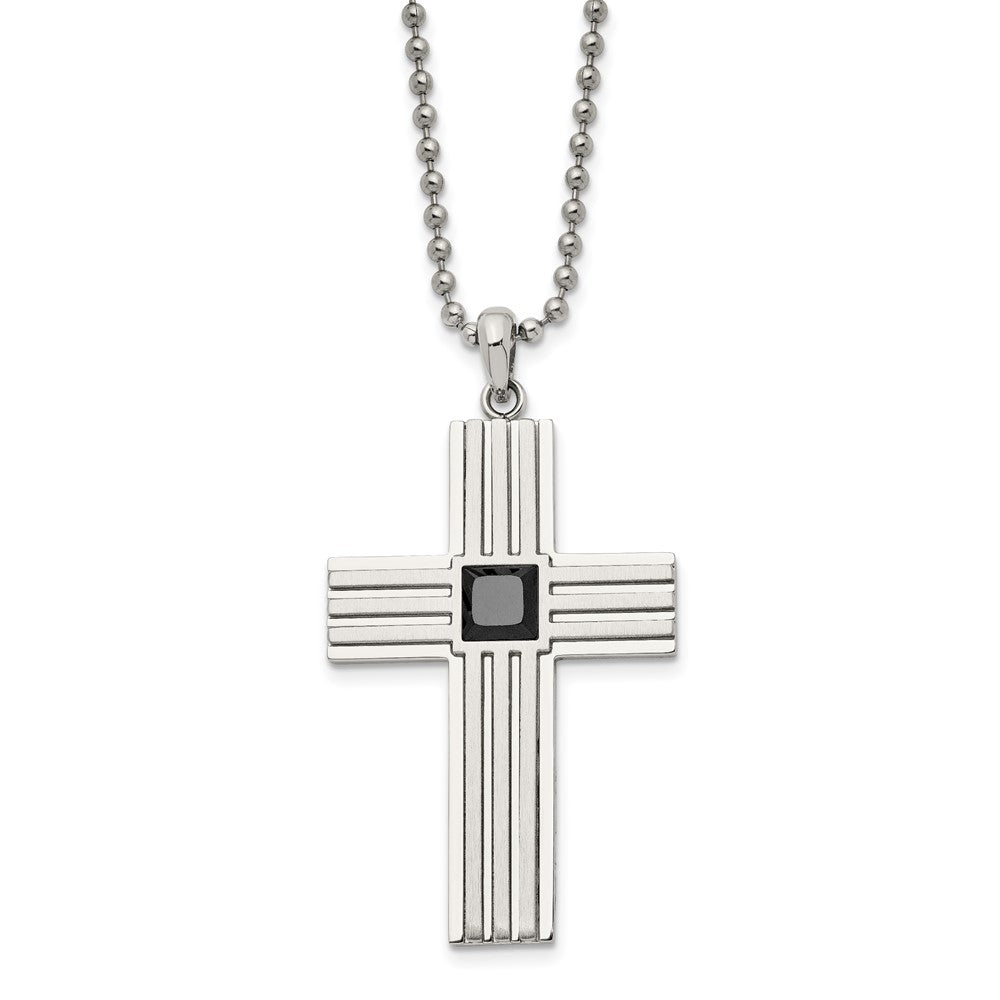 Chisel Stainless Steel Brushed and Polished with Square Black CZ Cross Pendant on a 24 inch Ball Chain Necklace, 24 x 32.79 mm