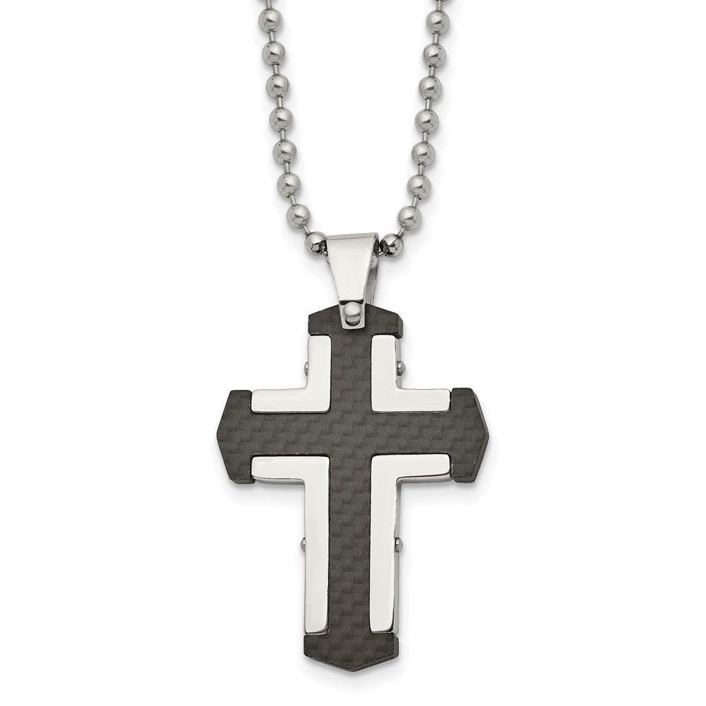 Stainless Steel Polished Solid Black Carbon Fiber Cross 22in Necklace, 22 x 26.88 mm