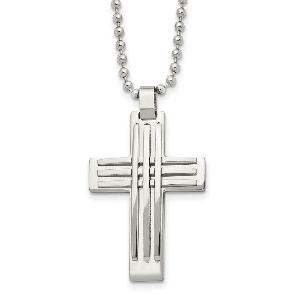 Chisel Stainless Steel Polished Cross Pendant on a 22 inch Ball Chain Necklace, 22 x 27.03 mm