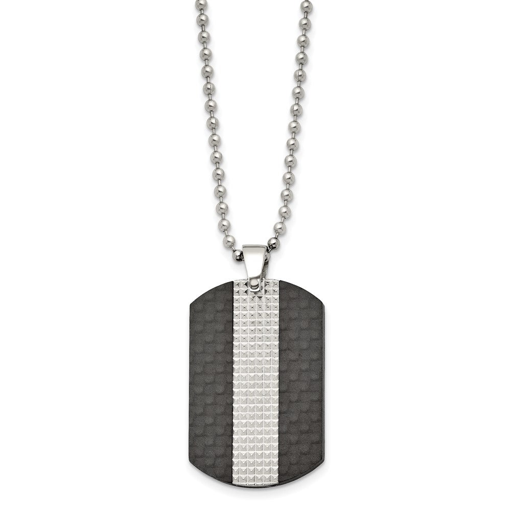 Stainless Steel 22in Polished Black Solid Carbon Fiber & Textured Dog Tag, 22 x 25.16 mm