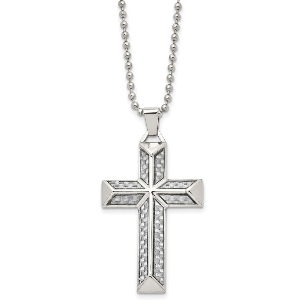 Chisel Stainless Steel Polished with Grey Carbon Fiber Inlay Cross Pendant on a 24 inch Ball Chain Necklace, 24 x 32.07 mm