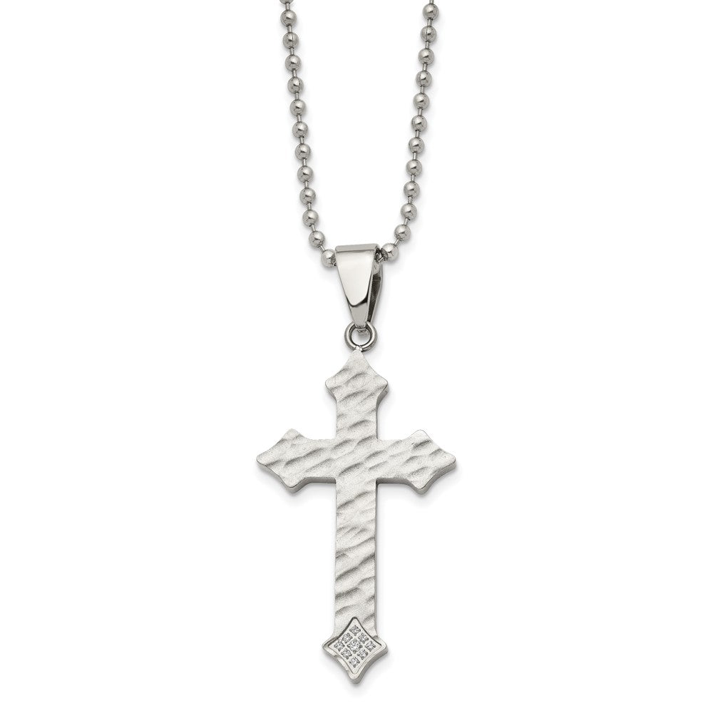 Chisel Stainless Steel Polished and Satin Hammered with CZ Cross Pendant on a 22 inch Ball Chain Necklace, 22 x 26.52 mm