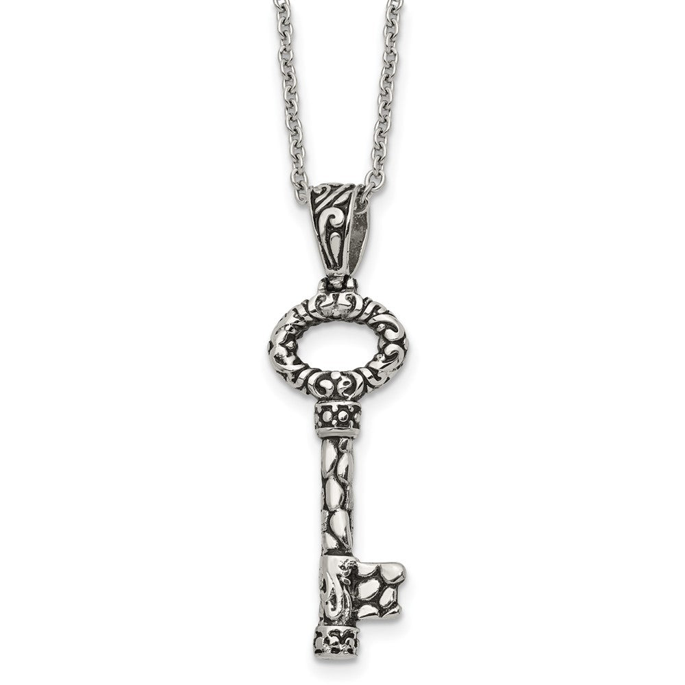 Stainless Steel Antiqued Polished and Textured Key 22in Necklace, 22 mm