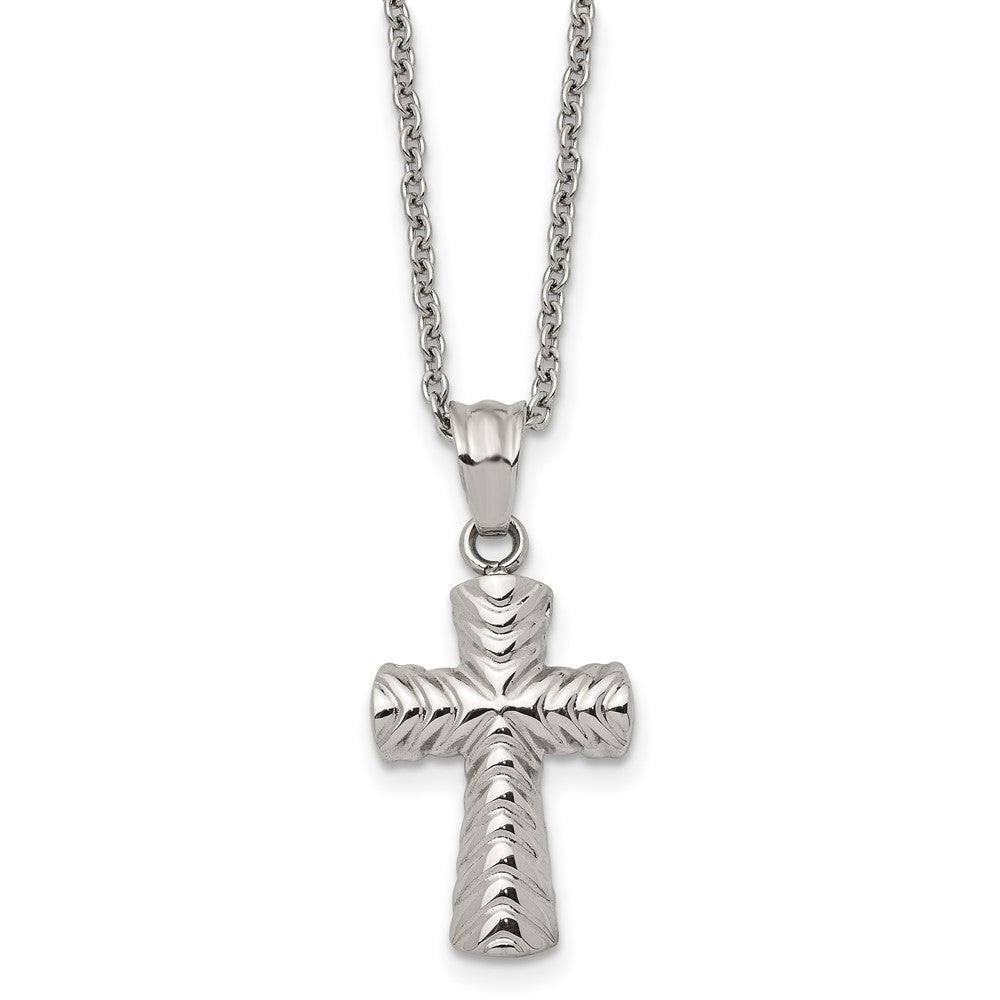 Chisel Stainless Steel Polished and Textured Cross Pendant on a 22 inch Cable Chain Necklace, 22 x 15.17 mm
