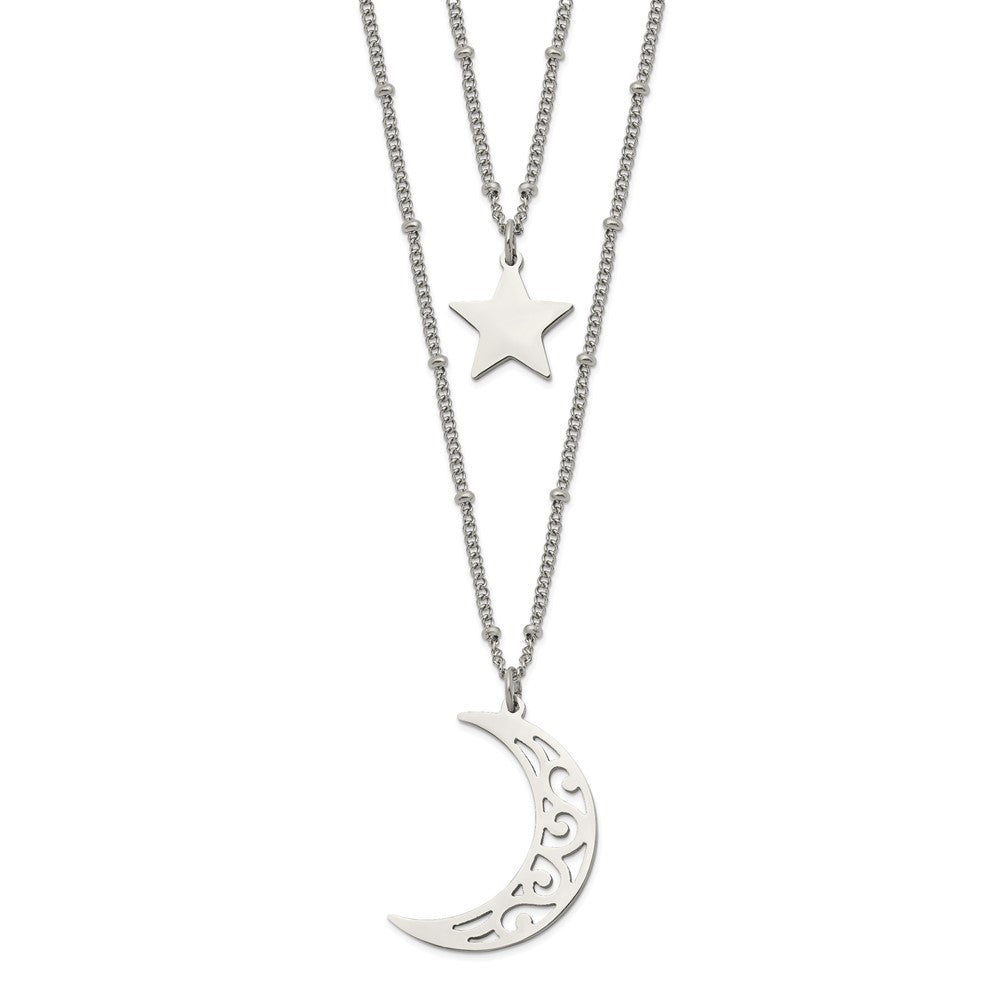 Chisel Stainless Steel Polished Beaded Star and Moon 2 Strand 30 inch Curb Chain Necklace, 30 x 24.25 mm