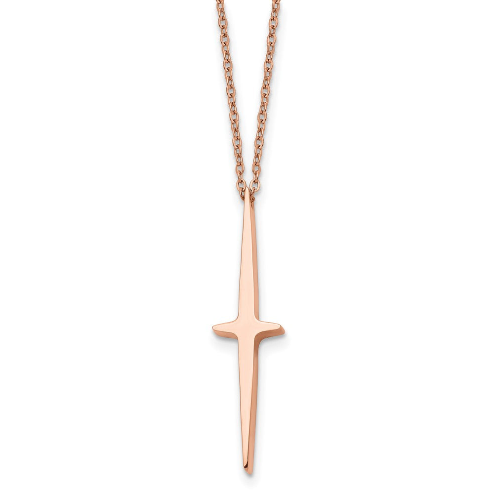 Chisel Stainless Steel Polished Rose IP-plated Cross Pendant on a 16 inch with 2 inch extension Cable Chain Necklace, 16 x 9.55 mm