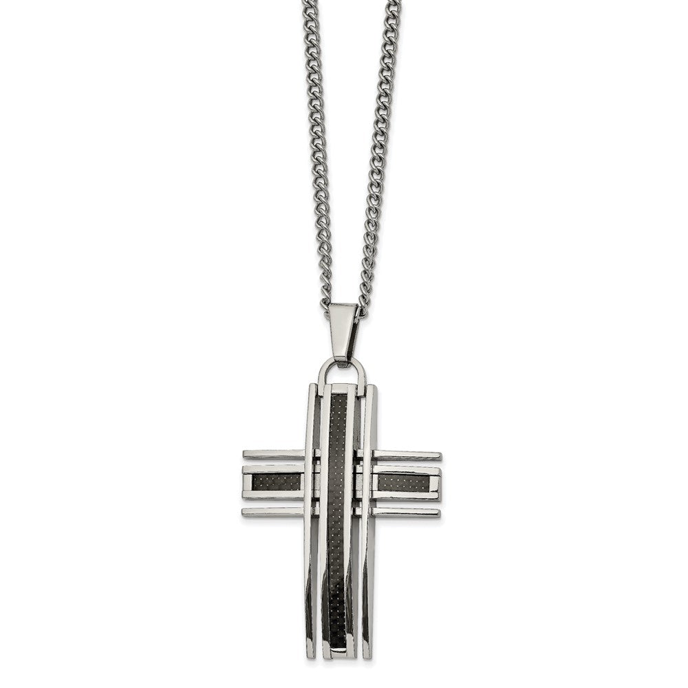 Chisel Stainless Steel Polished with Black Carbon Fiber Inlay Cross Pendant on a 24 inch Curb Chain Necklace, 24 x 35.94 mm