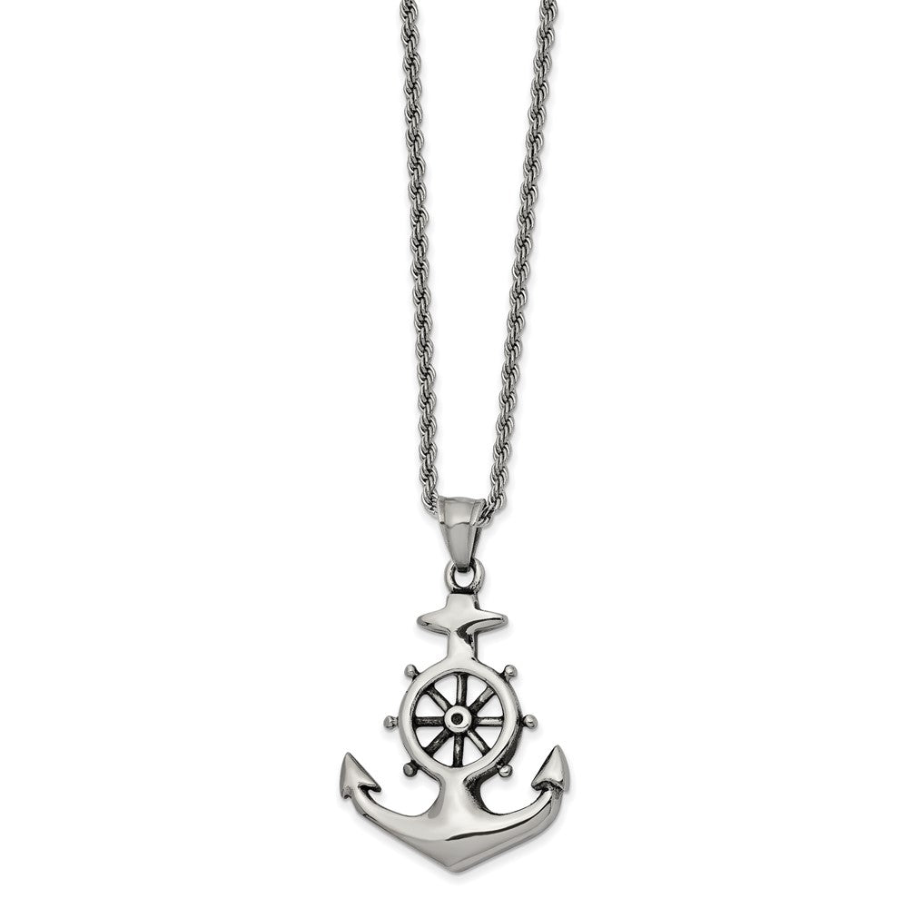 Chisel Stainless Steel Antiqued and Polished Anchor Pendant on a 24 inch Curb Chain Necklace, 24 x 30.38 mm