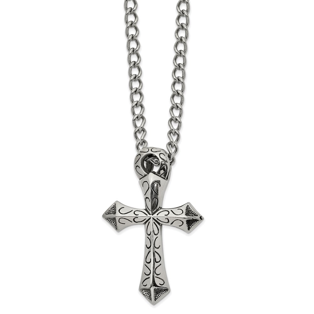 Chisel Stainless Steel Antiqued and Polished Cross Slide on a 24 inch Curb Chain Necklace, 24 x 44.22 mm