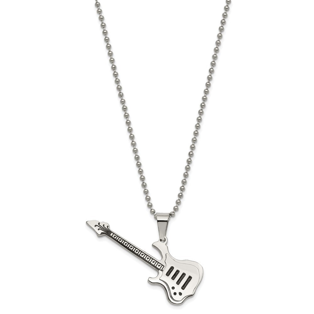 Chisel Stainless Steel Polished and Textured with Enamel Guitar Pendant on a 24 inch Ball Chain Necklace, 24 x 18.46 mm